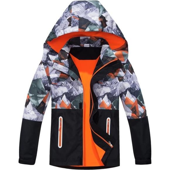 Kids Rain Jacket Lightweight Hooded Fleece Lined Raincoat